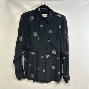 Ellen Tracy Black Blouse with White Medallion Motif